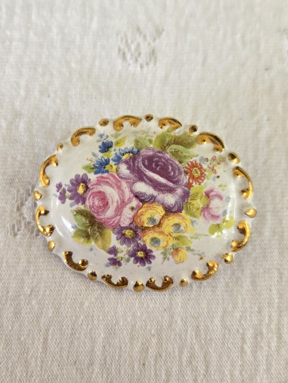 Vintage Gold-Trim Floral Porcelain Brooch with Pink & Purple Roses